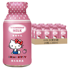 milk 台東初鹿 Hello Kitty草莓牛乳 200ml 嚴選初鹿牛乳 可愛造型 兒童牛乳, 24瓶