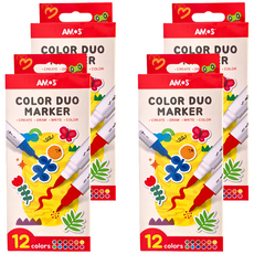 AMOS 阿摩司 12色可水洗雙頭彩色筆, 軟硬雙頭, COLOR DUO MARKER, 12色, 4盒