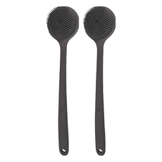AHOYE 長柄矽膠雙面刷頭按摩沐浴刷 黑色 深層清潔 舒適按摩, 2支, 1入