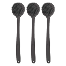 AHOYE 長柄矽膠雙面刷頭沐浴刷 黑色 3支 深層清潔 輕鬆觸及全身, 1入