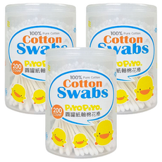 PiYOPiYO 黃色小鴨 棉花棒, 細紙軸易開罐 200支, 100%純棉, 3罐