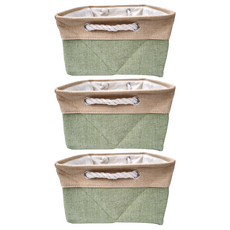 妃妃嚴選 加厚亞麻收納籃 聚酯纖維+EVA材質, 大, 米色 + 綠色, 3個