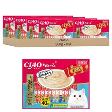 INABA CIAO 啾嚕 肉泥, 鮪魚、鰹魚、鮪魚 + 丁香魚、雞肉 + 鮭魚, 560g, 8袋