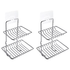 E.City 雙層不鏽鋼瀝水肥皂架 帶掛勾浴室收納置物架 免釘牆面肥皂盒, 2組, 銀色