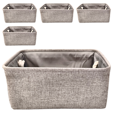 純亞麻棉麻收納箱, 結實手提設計, 大容量儲物空間, 中, 神秘灰, 5個