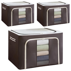 衣物棉被鋼架收納箱, 72L, 咖啡色, 3個