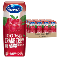 Ocean Spray 優鮮沛 100% 蔓越莓綜合果汁, 250ml, 18入