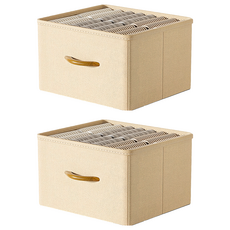 小麥購物 布藝抽屜式摺疊衣服收納箱 L2432, 2個, 米色