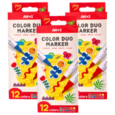 AMOS 阿摩司 12色可水洗雙頭彩色筆, 軟硬雙頭, COLOR DUO MARKER, 12色, 3盒