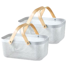 北歐簡約風木把手雙提手款收納提籃, 40 x 21 x 18cm, 灰色, 2個