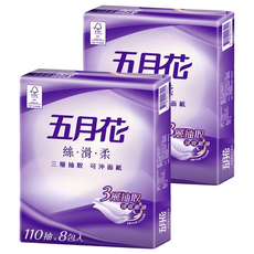 五月花 絲滑柔可沖面紙 3層, 8包, 2袋
