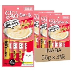 INABA CIAO 啾嚕肉泥 鮪魚 + 鮭魚, 日本原裝進口, 添加綠茶消臭配方, 無添加任何防腐劑, 小包裝設計, 餵食方便, 增加互動, 56g, 3袋
