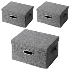 收納部屋 金屬把手棉麻整理盒 小 14L 透氣棉麻 可折疊設計 深灰色, 32 x 24 x 18cm, 3個