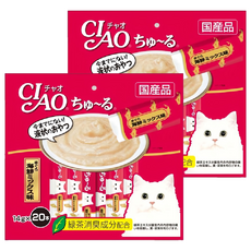 INABA CIAO 啾嚕 肉泥, 鮪魚+海鮮綜合, 綠茶消臭成分配方, 14g x 20本, 2包, 280g