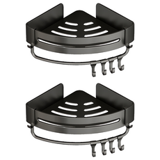 YUNMI 太空鋁免打孔無痕壁掛浴室轉角置物架 附掛鉤6個 加高加厚 C三角掛杆款 灰色, 2個