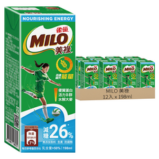 MILO 美祿 巧克力飲品減糖配方, 198ml, 12入