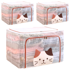 超大透明防水雙開收納箱 萌貓款 100L, 60 x 42 x 40cm, 橘色, 3個