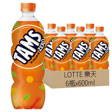 LOTTE 樂天 Tams無糖汽水, 橘子口味, 600ml, 6瓶