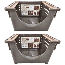 平和Heiwa 極簡可堆疊收納籃 淺型前開 日本製造, 420 x 317 x 227mm, 可可色, 2個