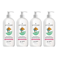 ATTITUDE 艾特優 嬰幼兒奶瓶餐具洗潔精，天然成分，低敏配方，按壓頭設計, 1L, 4瓶