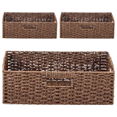 編織收納籃, 手工編織紋路, 三面提把, 搬運便利, 38x26x12cm, 咖色, 3個