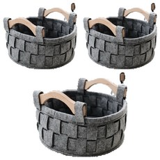 北歐毛氈木柄收納籃, 小號(直徑21.5 x 8.5cm), 3個, 灰色