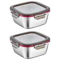 304不鏽鋼 正方形趣味保鮮盒 密封防溢 放置穩固 持久保鮮 乾濕可收納 層疊式設計, 1.2L, 2個