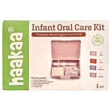 haakaa 嬰幼兒口腔護理套裝 包含矽膠手指牙刷、輪廓矽膠牙刷、360°矽膠牙刷、棉絨和儲物盒, 粉色, 1組, 1組