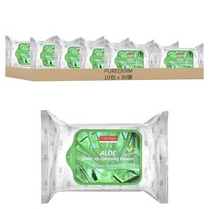 Purederm 蘆薈卸妝巾 溫和植物性成分 無需水洗 含保濕成分, 30張, 10包