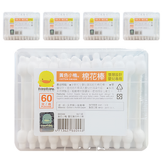 PiYOPiYO 黃色小鴨 嬰兒專用安全棉花棒 60支/盒, 雙層設計, 天然棉紙軸製成, 5盒