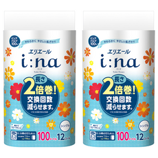 elleair 艾黎艾爾 i:na 2倍巻 單層捲筒衛生紙 100%原生紙漿 12捲, 100m, 2袋
