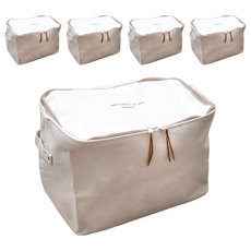 日式衣物換季拉鍊收納籃, 帆布材質, 內裡有防水層, 40 x 30 x 25cm, 5個, 米色