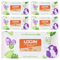 LOGIN 洛格 3合1除臭抑菌護理濕巾 貓用, 50張, 100%可生物降解, 無香精, 5包