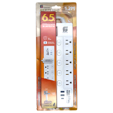 FONG HUA 崶華 按壓式6開5插氮化鎵PD37W延長用電源線組 3孔, 1.2M, 1條, 白色