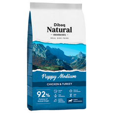 Dibaq Natural 中型幼犬用自然嗑糧 92%動物性蛋白質, 雞肉 + 火雞肉, 3kg, 1袋