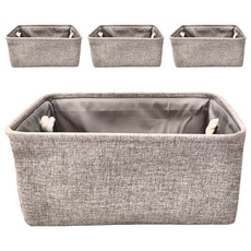 純亞麻棉麻收納箱, 結實手提設計, 大容量儲物空間, 中, 神秘灰, 4個