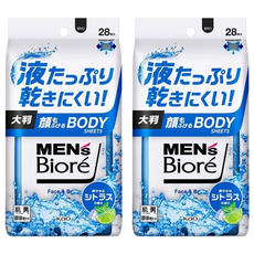MEN's Biore 男性臉部身體兩用濕巾 酷涼款 柑橘香氛 28張, 2個, 259ml