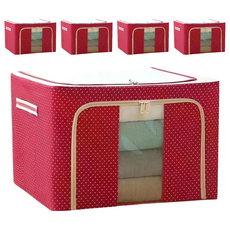 小麥購物 大容量防潑水牛津布雙門單視窗衣物鐵架收納箱 66L, 5個, 紅點
