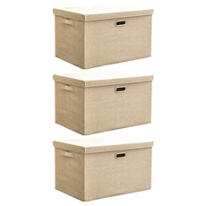 棉麻摺疊收納箱 灰色/米色, 小(32 x 24 x 18cm), 3個