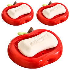 蕉蕉購物 蘋果陶瓷瀝水肥皂盒 紅色 浴室瀝水肥皂架 香皂盤, 3個