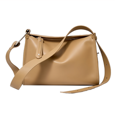 真皮牛皮寬肩帶女士定型肩背包 女包, 27 x 21 x 12cm, 杏色