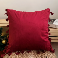 THiRTEEN 拾參家居 流蘇天鵝絨素色抱枕套 酒紅色