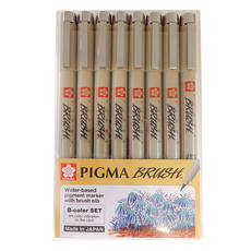SAKURA 櫻花 PIGMA 筆格邁 軟毛筆套裝 水性顏料筆 帶筆刷筆尖, 黑色 + 紅色 + 藍色 + 綠色 + 橘色 + 棕色 + 粉紅色 + 紫色, 8色