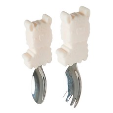 Loulou Lollipop 動物造型304不鏽鋼學習訓練叉匙組 12個月以上, 白色, 幼兒湯匙 + 叉子, 1組