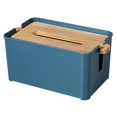 E.City 升降式木蓋紙巾收納盒, 19.2x11.2x10cm, PS+楠竹材質，白色/深藍, 深藍色, 1個