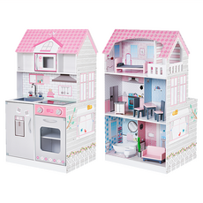 Teamson Kids 艾芮兒奇境2合1木製娃娃屋廚房組, 粉灰色, 1組