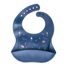 愛北鼻 防油防水矽膠圍兜 土星六扣3D款 柔軟親膚 六段調節 易清潔, 深藍宇宙, 1入