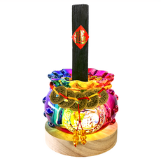 財神小舖 一直炭五帝錢袋聚寶盆 備長炭 13~15cm + 琉璃錢袋聚寶盆 7 x 8cm + 五帝錢套繩 + 實木LED燈底座10cm + 多色小元寶 120g + 招財進寶貼紙 轉運彩, 1個