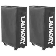 帶輪夾縫牛津布束口收納籃 - 萬象滾輪, 提手設計, 可拆卸摺疊收納, 57 x 39 x 19cm, 黑色, 2個