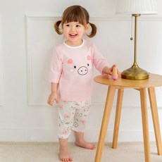 Cordi-i 兒童款 小豬圖案7分袖居家服, 100號, 粉紅色